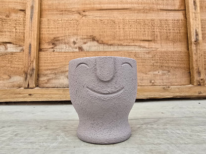 5.5cm Egg Cup Face 'HeHe' Grey Pot with Drop-In Succulent